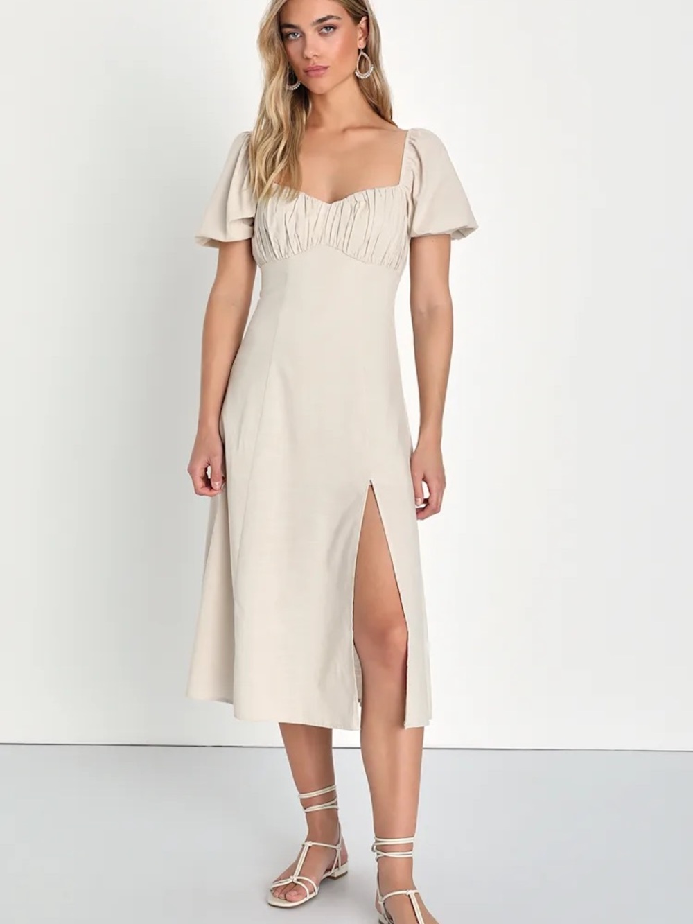 Lulus Endearing Darling Beige Linen Puff Sleeve Midi Dress